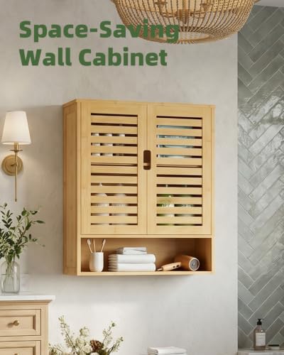 SMIBUY Bathroom Cabinet Wall Mounted, Bamboo Over-The-Toilet Storage Organizer, Space Saver Medicine Cabinet with 2 Door and Adjustable Shelves (Natural) - color: Natural