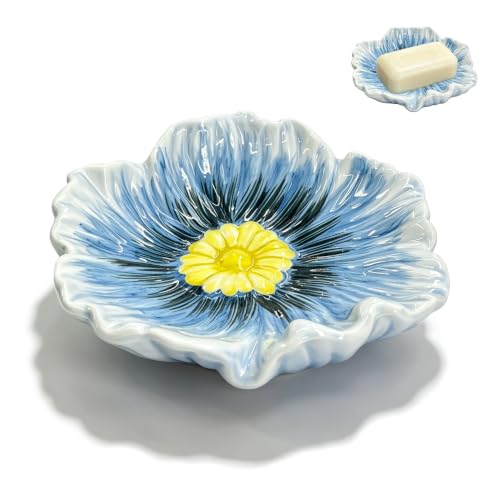 Ceramic Soap Holder with Flower Arrangements, Automatic-Draining Soap Tray for Bathroom Sink & Shower, Small Cute Elegant Glazed Holder, Easy to Clean (Blue) - color: Blue