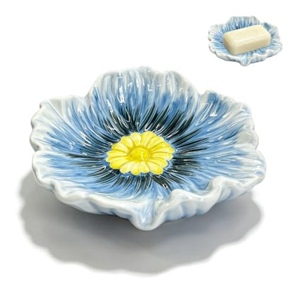 Ceramic Soap Holder with Flower Arrangements, Automatic-Draining Soap Tray for Bathroom Sink & Shower, Small Cute Elegant Glazed Holder, Easy to Clean (Blue) - color: Blue