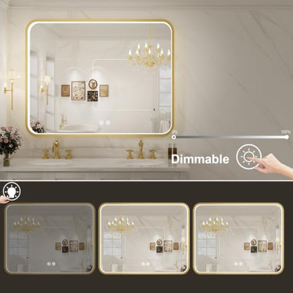 43X36 Inch Gold Framed LED Lighted Bathroom Mirror - color: Gold, size: 43"L x 36"W
