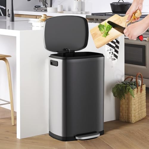 ELPHECO Kitchen Trash Can with Lid 13 Gal Stainless Steel Pedal Garbage Can | Soft Close Lid Pedal Heavy-Duty Fingerprint Proof Step Wastebasket with 20 Bags Removable Bucket, Home Office Titanium Silver - color: Titanium Silver