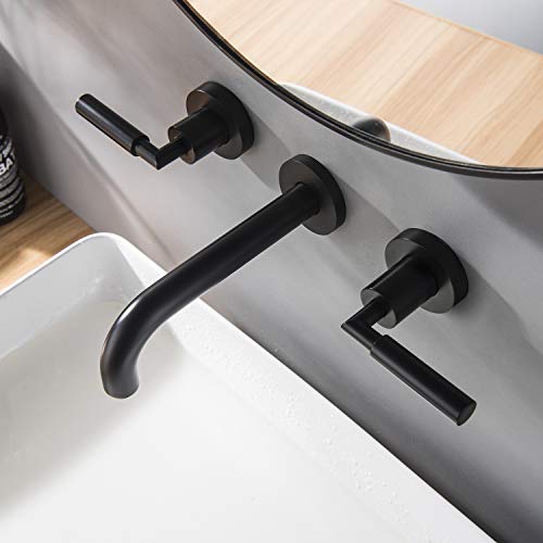 RBROHANT Matte Black Wall Mount Bathroom Faucet, Wall Mounted Sink Faucet, Dual Handle, Solid Brass, Rough-in Valve Included - color: Matte Black, style: Lever Handle