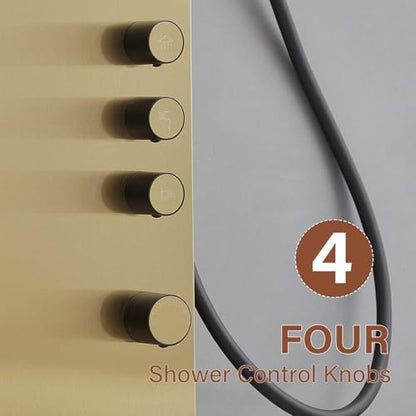 Shower Panel Tower System, Brushed Gold | Stainless Steel, Multifunction Shower Tower System, Bathroom Rainfall Shower Head Hand Shower and Large Area Body Spray - color: Gold, style: 3 IN 1 Shower Panel