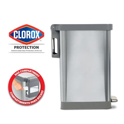 Glad Slim Trash Can with Clorox Odor Protection - Narrow Kitchen Garbage Bin with Soft Close Lid, Step On Foot Pedal and Waste Bag Roll Holder, All Stainless, 12 Gallon/45 Liter - color: All Stainless