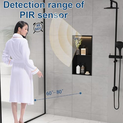 2-Tiers Smart Body Sensor Shower Niche, Black 24"x12" | Recessed Wall Niche with White 3000K LED Light , Waterproof &Rustproof, 304 Stainless Steel Bathroom Cabinet - size: 12x24In
