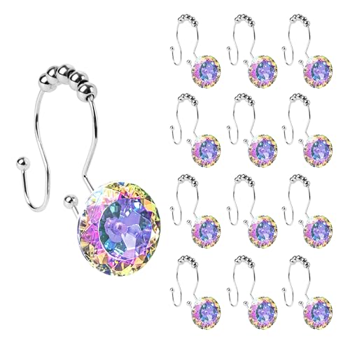 Sunlit Luxury Design Round Diamond Crystal Gem Bling with Glide Balls Double Shower Curtain Hooks, Rainbow Colorful Rust Proof Metal Rhinestones Mermaid Shower Curtain Rings for Girls-12 Pack - color: Crystal Ab With Double Hooks
