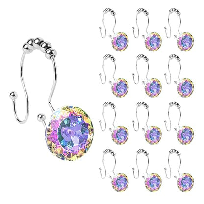 Sunlit Luxury Design Round Diamond Crystal Gem Bling with Glide Balls Double Shower Curtain Hooks, Rainbow Colorful Rust Proof Metal Rhinestones Mermaid Shower Curtain Rings for Girls-12 Pack - color: Crystal Ab With Double Hooks