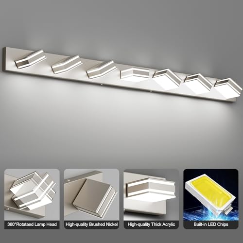 Ralbay 55inch Brushed Nickel Vanity Light for Bathroom 7-Light Metal Acrylic Modern LED Bathroom Light Fixtures - color: Brushed Nickel, size: 55 inch