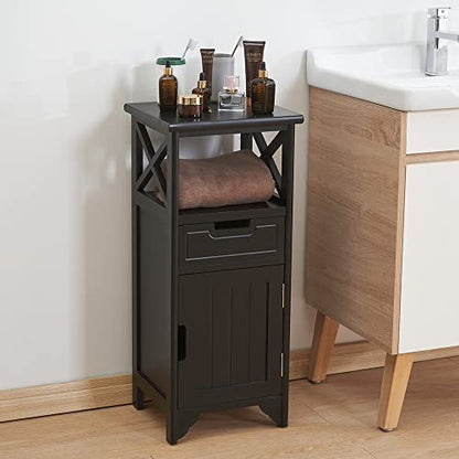 Assembled 30in Height Nightstand, Pre- Assembled Bathroom Floor Cabinet with Shelf and Storage Drawer, Black Tall End Table No Assembly Chest for Living Room Bedroom | Solid Wood, 30" Height No Assembly Bathroom Cabinet, Pre-Assembled Side Table & End Tab