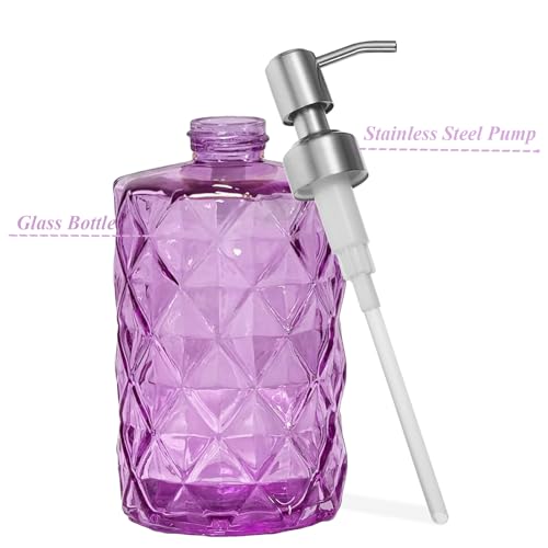 12Oz Purple Glass Soap Dispenser, Liquid Hand Bottle, Stainless Steel Pump | Refillable Clear Kitchen Soap Dispenser with Diamond Design, for Hand soap, Dish Soap, Lotion, Bathroom, Countertop, Hotel - color: Purple Diamond