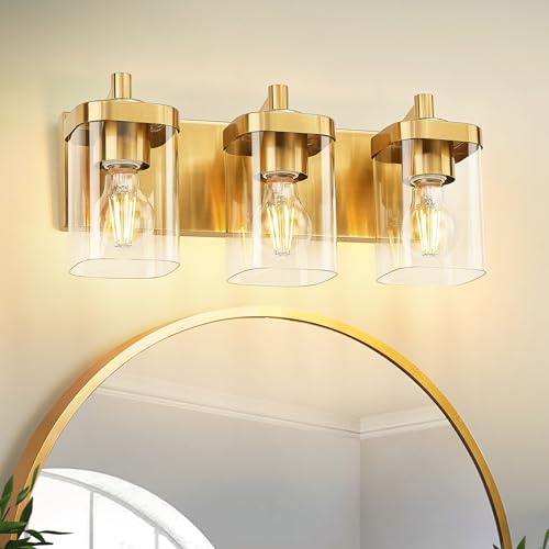 3-Light Brushed Gold Bathroom Vanity Light, Square Clear Glass Shade | 16.5" modern bathroom light fixtures over mirror, E26 base, bulbs not included, VL194-BG-3 - color: Gold, Square Glass Shade, size: 3-light