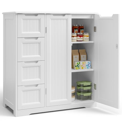 Gizoon Storage Cabinet, Bathroom Storage Cabinet with 4 Drawers & 2 Doors | Freestanding Floor Cabinet with Adjustable Shelf, Ample Storage Space for Bathroom, Kitchen, Living Room, Entryway, White - color: White