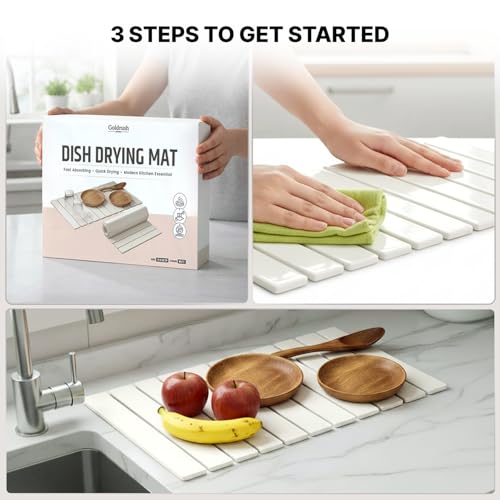 Stone Dish Drying Mat for Kitchen Counter - Fast-Absorbing Diatomite Drying Stone - Reusable Kitchen Drying Mat for Dishes, Cups & Utensils - Quick-Dry Stone Mat for Kitchen Sink and Countertop