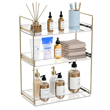 Bathroom Countertop Organizer, 3 Tier Acrylic Tray Vanity Counter Skincare Organizer Shelf, Kitchen Under Sink Standing Rack, Home Storage Holder for Lotion Makeup Cosmetics Perfume Spice, Gold | Kitchen Under Sink Standing Rack, Home Storage Holder for L
