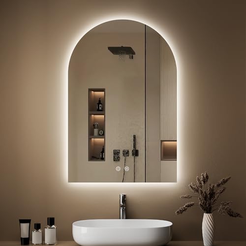 20"x30" Arched LED Lighted Bathroom Mirror with Lights | Fogless, Dimmable, Shatterproof, Touch Sensor, 3 Color Changing - color: Transparent, size: 30"L x 20"W
