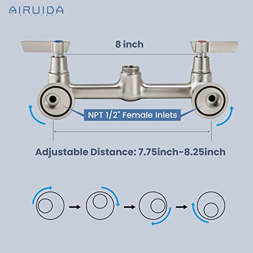 Airuida 8 Inch Brushed Nickel Wall Mount Kitchen Sink Faucet | 2 Handle Kitchen Faucet,without Adapter,360° Swivel Spout,Commercial Sink Faucet,for Laundry Utility - color: Brushed Nickel