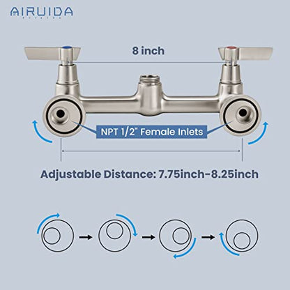 Airuida 8 Inch Brushed Nickel Wall Mount Kitchen Sink Faucet | 2 Handle Kitchen Faucet,without Adapter,360° Swivel Spout,Commercial Sink Faucet,for Laundry Utility - color: Brushed Nickel
