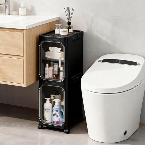 2-Tier Narrow Storage Cabinet Slim Bathroom Skinny Organizer with Wheels | Slim Storage Cabinet with Lockable Rolling Wheels Adjustable Detachable Shelves Snap Assembly for Small Spaces,Black - color: Black, size: 2-tier