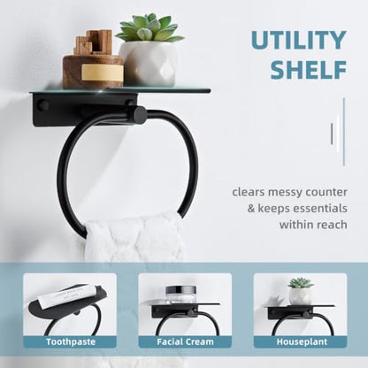 Suyar Oval Towel Ring with Shelf, Bathroom Hand Towel Holder Matte Black | SUS304 Stainless Steel, Space-Saving Solution, Versatile Top Shelf for Small Plants Toiletries Soap Phones, Wall Mounted - color: Matte Black