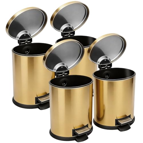 SIMPLYKLEEN Bathroom Trash Can with Lid - 4PC 1.3 Gallon/ 5L Oval Small Trash Can with Soft-Close Lid, Foot Pedal, Brushed Stainless Steel, Removable Liner, Garbage can for Kitchen, Office, Home Gold - color: Gold, size: 5L Oval 4PC