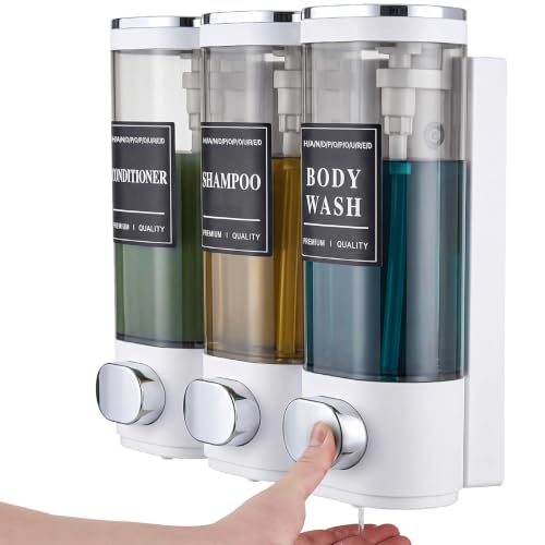 Shower Soap Dispenser 3-Chamber Wall Mount Shampoo Dispenser, White | Latch design No Drill Shampoo and Conditioner Dispenser for Bathroom Hotel, Durable ABS Material Large Capacity - color: 3white