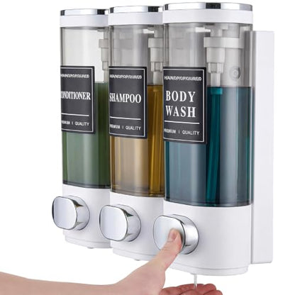 Shower Soap Dispenser 3-Chamber Wall Mount Shampoo Dispenser, White | Latch design No Drill Shampoo and Conditioner Dispenser for Bathroom Hotel, Durable ABS Material Large Capacity - color: 3white