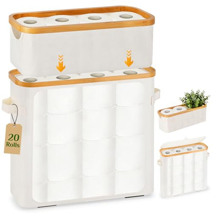 Livole Toilet Paper Storage Basket with Lid & Toilet Tank Basket | Free Standing, Large Capacity for 20 Regular Rolls or 15 Mega Rolls, Dual Handles, Clear Side Window, Bathroom, Beige - color: Beige
