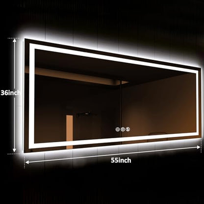 ROOMTEC 55x36 Inches LED Bathroom Mirror with Lights, Vanity Mirror with Front and Backlight, Smart Dimmable Anti-Fog LED Mirror for Bathroom, Memory Function, Tempered Glass (Horizontal) - size: 55"L x 36"W