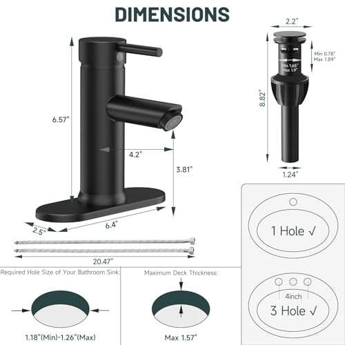 Bathroom Faucet for 1 or 3 Holes, Matte Black, Brass | Single Handle Bathroom Sink Faucets, Modern Commercial Lavatory Vanity Faucet, with Deck Plate and Supply Line, Pop Up Drain - color: Matte Black