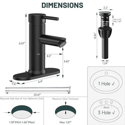 Bathroom Faucet for 1 or 3 Holes, Matte Black, Brass | Single Handle Bathroom Sink Faucets, Modern Commercial Lavatory Vanity Faucet, with Deck Plate and Supply Line, Pop Up Drain - color: Matte Black