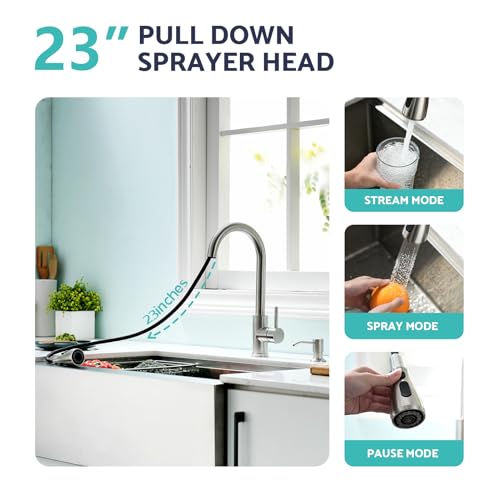 Kitchen Sink Faucet with Soap Dispenser, 3 Modes Kitchen Faucet with Pull Down Sprayer and Soap Dispenser, 304 Stainless Brushed Nickel Single Handle Kitchen Bar Faucets with Water Lines - color: Brushed Nickel Transitional, size: 15.2 Inches