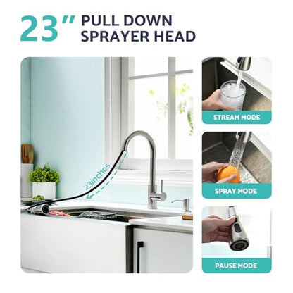 Kitchen Sink Faucet with Soap Dispenser, 3 Modes Kitchen Faucet with Pull Down Sprayer and Soap Dispenser, 304 Stainless Brushed Nickel Single Handle Kitchen Bar Faucets with Water Lines - color: Brushed Nickel Transitional, size: 15.2 Inches