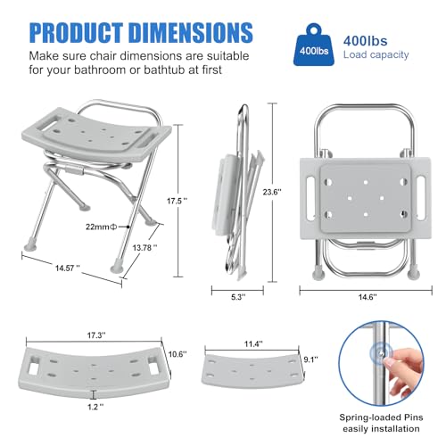 Folding Shower Chair Seat, 17.5" Stainless Steel Small Shower Chair for Inside Shower with Pad, 400lbs Portable Travel Shower Stool, Safety Anti-Slip Bath Chair for Seniors, Disabled, Gray