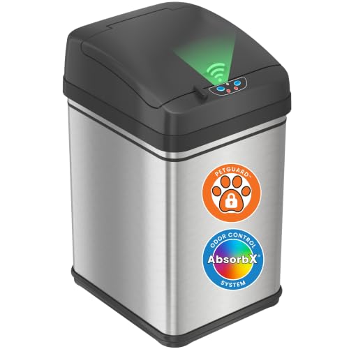 iTouchless 8 Gallon / 30 Liter Sensor Dog Poop Trash Can with Lid & AbsorbX Odor Filter, Pet-Proof Lid Lock Pet Stainless Steel Touchless Waste Bin, Large Capacity, Silver - color: Silver and Black