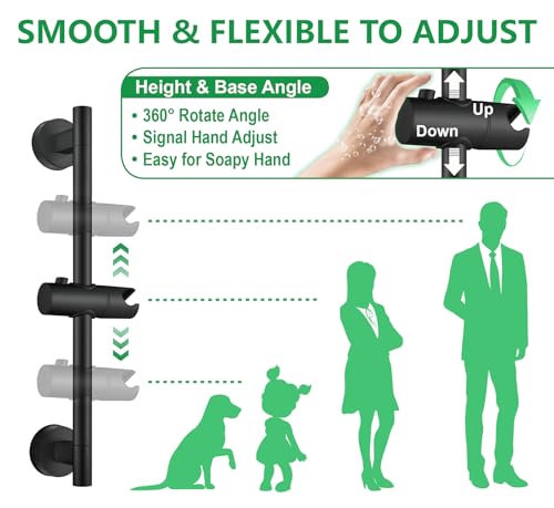 Upgrade 17.7inch Black Shower Slide Bar w/ Vacuum Suction Cup,Reusable & Removable Handheld Shower Head 360°Adjust,Hassle-Free Install for Bathroom Wall Mount,Stainless Steel,No-Drill Renter Friendly - color: Matte Black