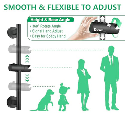 Upgrade 17.7inch Black Shower Slide Bar w/ Vacuum Suction Cup,Reusable & Removable Handheld Shower Head 360°Adjust,Hassle-Free Install for Bathroom Wall Mount,Stainless Steel,No-Drill Renter Friendly - color: Matte Black