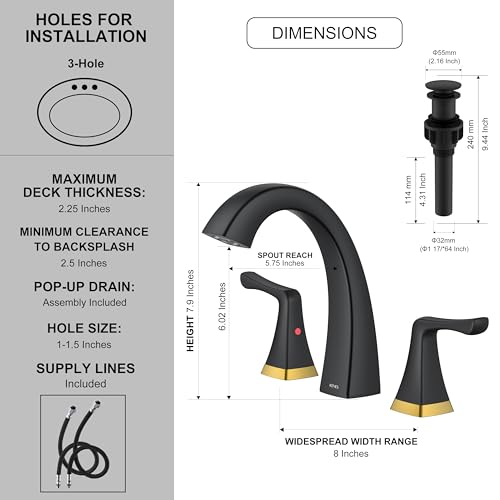 Black and Gold Bathroom Faucets for Sink 3 Hole 2 Handle Widespread | Bathroom Vanity Faucet with Pop Up Drain & Supply Lines, Lead-Free cUPC & NSF Certified, 8 Inch Faucet for Vanity RV Sink - color: Black & Gold