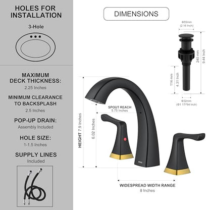 Black and Gold Bathroom Faucets for Sink 3 Hole 2 Handle Widespread | Bathroom Vanity Faucet with Pop Up Drain & Supply Lines, Lead-Free cUPC & NSF Certified, 8 Inch Faucet for Vanity RV Sink - color: Black & Gold