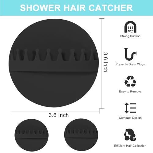 2PCS Hair Catcher Shower, Wall-Mount Suction Hair Collector, Hair Trap for Shower Drain, Reusable Shower Wall Hair Catcher, Silicone Hair Grabber for Bath & Shower (Black)