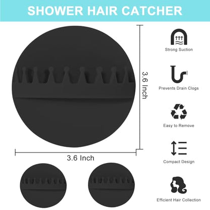 2PCS Hair Catcher Shower, Wall-Mount Suction Hair Collector, Hair Trap for Shower Drain, Reusable Shower Wall Hair Catcher, Silicone Hair Grabber for Bath & Shower (Black)
