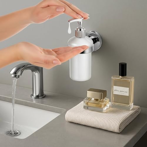 1 Pack Hand Soap Dispenser Wall Mount Bathroom Glass Soap Dispenser Pump Bottle with Stainless Steel Pump for Kitchen Bathroom Countertop (Silver) - color: Silver