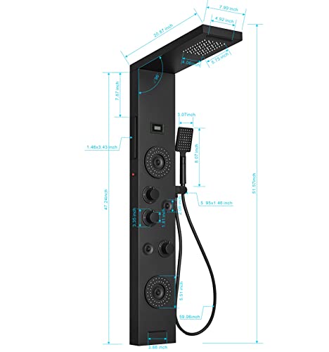 BWE Shower Panel Tower System Matte Black | LED Rainfall Waterfall Shower 6-Function Faucet 4 Mist Jets 2 Body Sprays with Handheld and Waterfall Tub Spout - color: Black