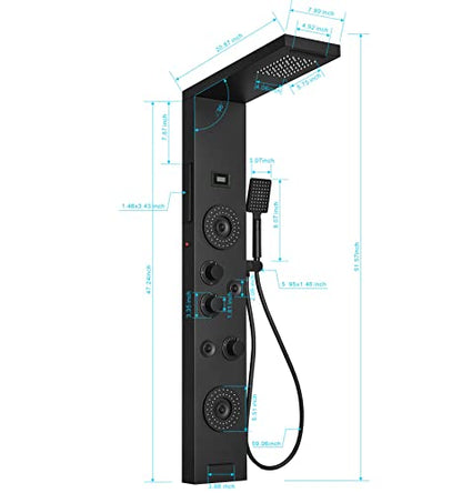 BWE Shower Panel Tower System Matte Black | LED Rainfall Waterfall Shower 6-Function Faucet 4 Mist Jets 2 Body Sprays with Handheld and Waterfall Tub Spout - color: Black