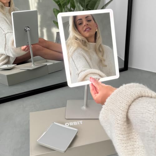 Orbit LED Vanity Mirror with Lights, 7X/1X Magnification, Dimmable & USB-C Rechargeable Tabletop Mirror - Soft Stone - color: Soft Stone