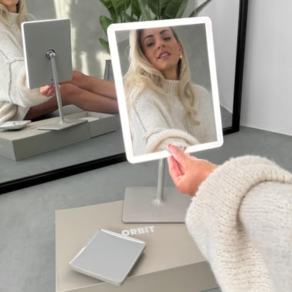 Orbit LED Vanity Mirror with Lights, 7X/1X Magnification, Dimmable & USB-C Rechargeable Tabletop Mirror - Soft Stone - color: Soft Stone