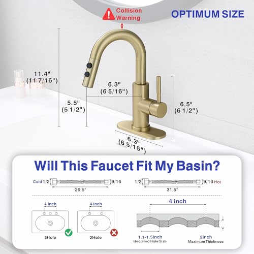 Bathroom Faucet with Sprayer, Brushed Gold Single Hole with Pop-Up Drain | Kablle Single Handle Pull Out 1 or 3 Hole Laundry Bar Basin Faucet with Deck Plate, KBL-7002BG-CL - color: Brushed Gold