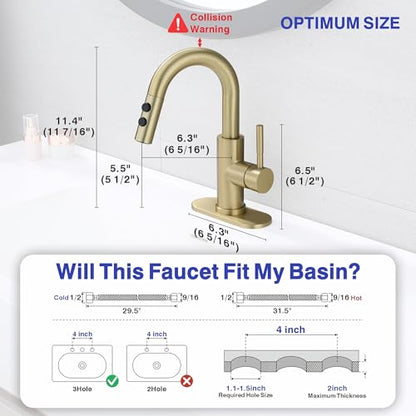 Bathroom Faucet with Sprayer, Brushed Gold Single Hole with Pop-Up Drain | Kablle Single Handle Pull Out 1 or 3 Hole Laundry Bar Basin Faucet with Deck Plate, KBL-7002BG-CL - color: Brushed Gold