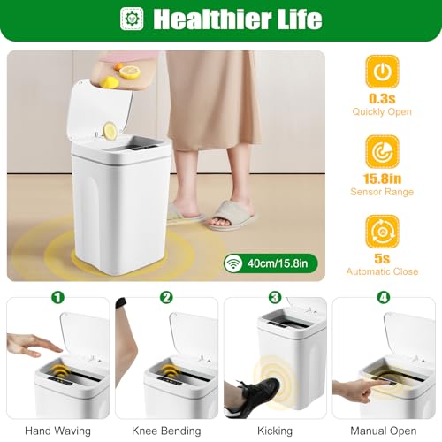 Kitchen Trash Can, 16L Automatic Trash Cans Built-in LED Lighting & Trash Bag Box Automatic Motion Sensor Bathroom Trash Can with One-Touch Auto Bagging & Odor Sealing for Kitchen Bedroom Office