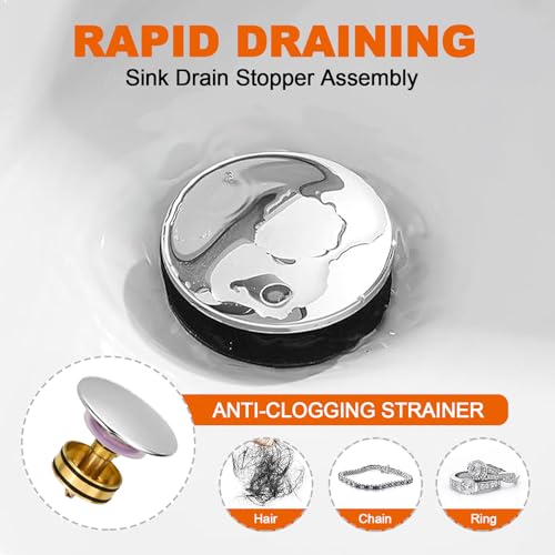 Bathroom Sink Drain Without Overflow, Chrome Bathroom Sink Stopper for Vanity Vessel Sink, Rapid Draining Stainless Steel Pop Up Drain with Hair Catcher Anti-Clog Strainer - color: Chrome