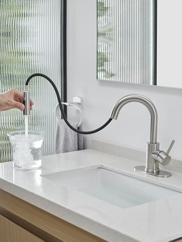 Brushed Bathroom Sink Faucet with Pull Out Sprayer for Sink 1 Hole,Bar Sink Faucet with Pop-Up Drain,Stainless Steel Single Handle Kitchen Faucet 360° Swivel Bathroom Faucets for Two Water Outlet Mode - color: Brushed Nickel, style: Pull-out